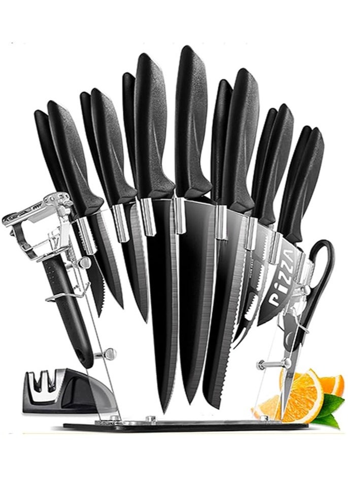 17 Pcs Kitchen Knife Set with Sharpener - High Carbon Stainless Steel Knife Block Set with Ergonomic Handles - Black