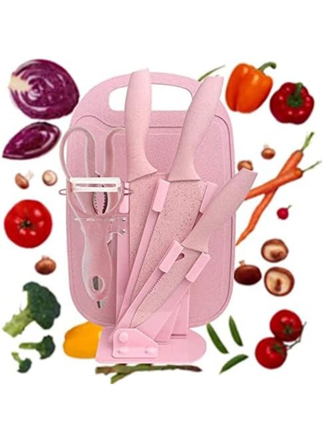 7 Pieces of Pink Kitchen Knife Set - Non-stick Stainless Steel Kitchen Knives Set With 1 Scissor & 1 Peeler Stand and Chopping Board