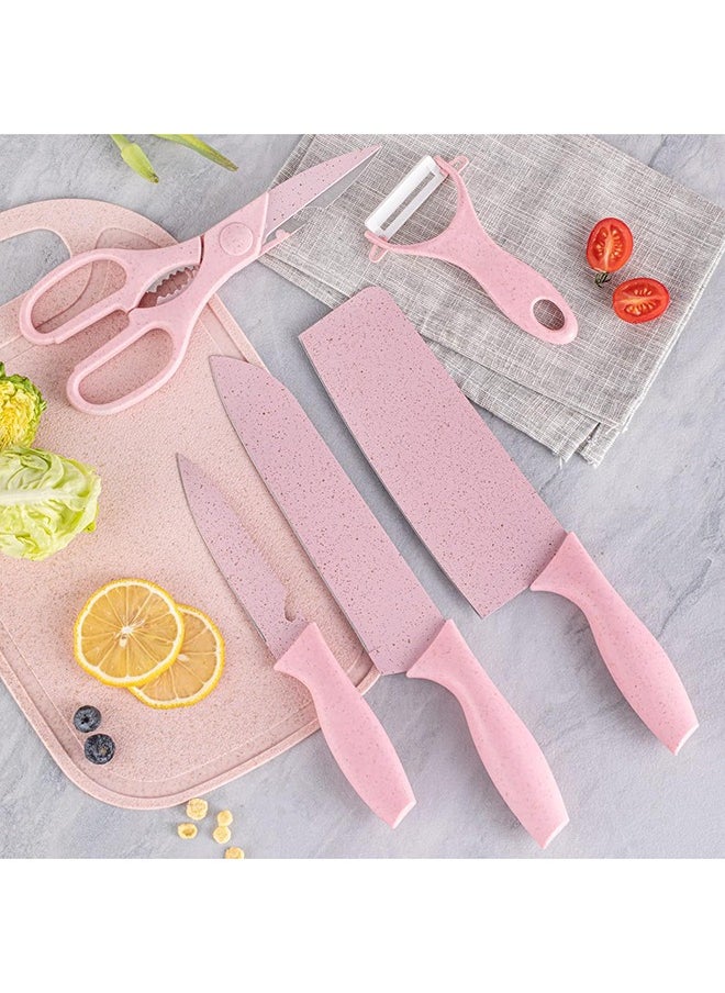 7 Pieces of Pink Kitchen Knife Set - Non-stick Stainless Steel Kitchen Knives Set With 1 Scissor & 1 Peeler Stand and Chopping Board