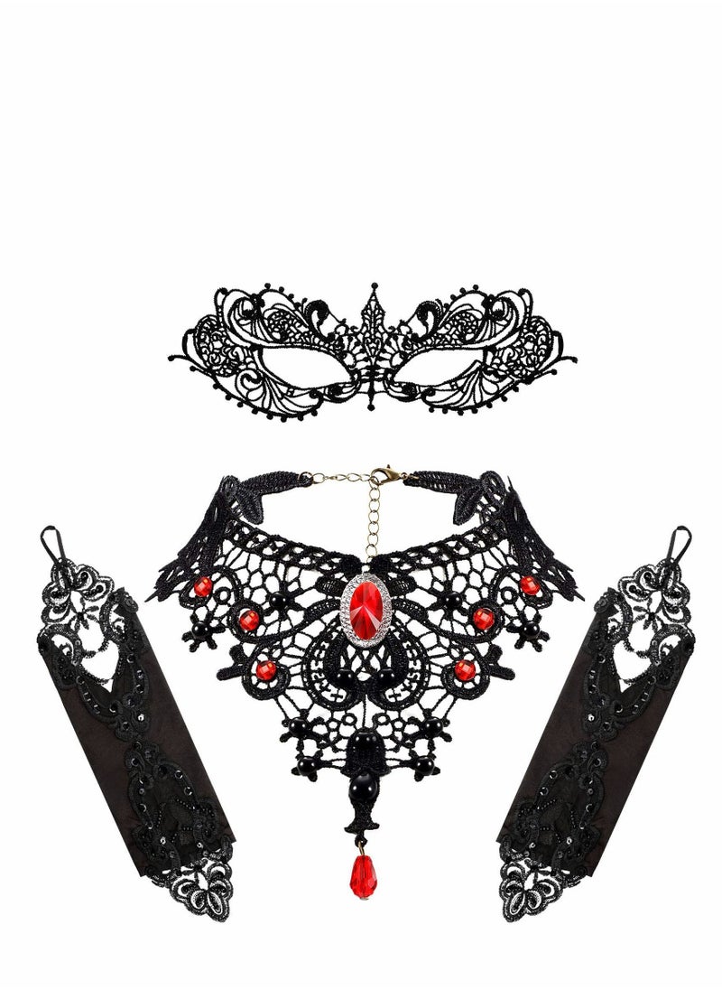 Masquerade Mask Set, Red Lace Choker Necklace, Gloves for Cosplay Party Decoration Women