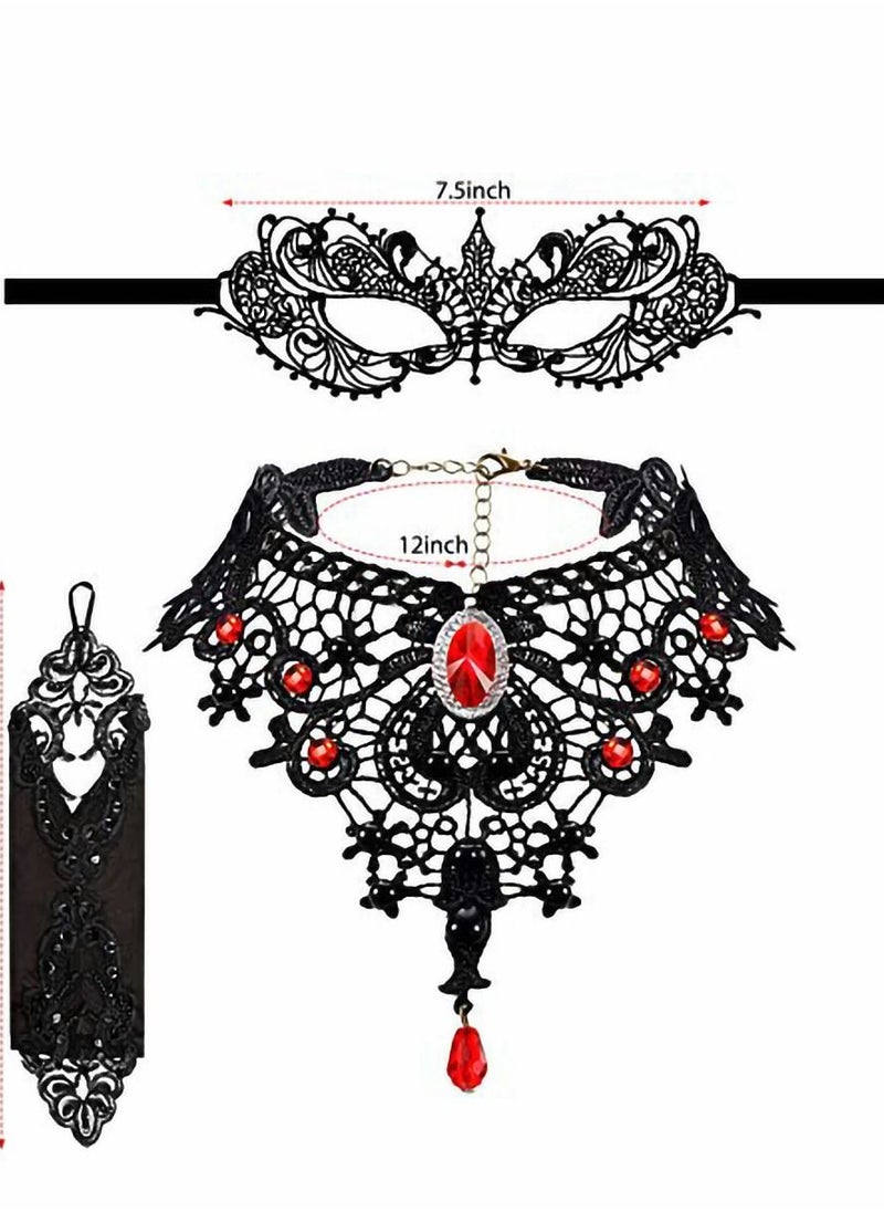 Masquerade Mask Set, Red Lace Choker Necklace, Gloves for Cosplay Party Decoration Women