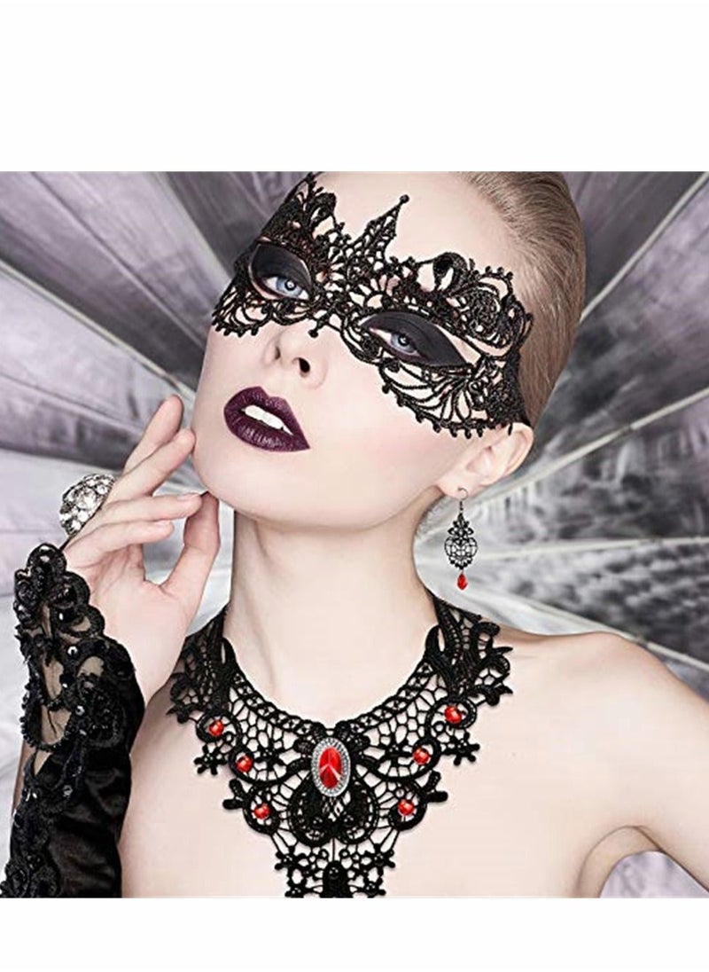 Masquerade Mask Set, Red Lace Choker Necklace, Gloves for Cosplay Party Decoration Women