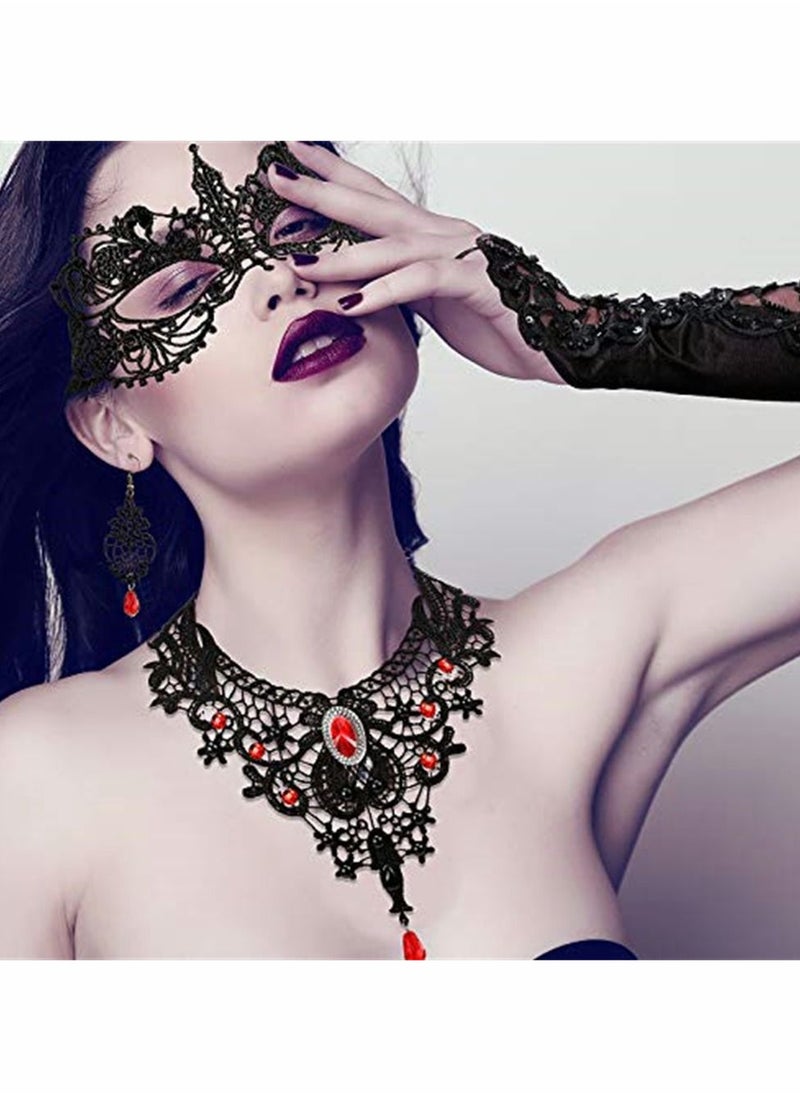 Masquerade Mask Set, Red Lace Choker Necklace, Gloves for Cosplay Party Decoration Women