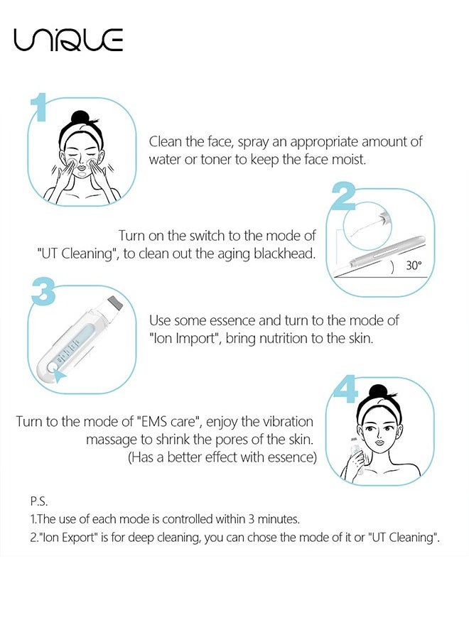 Ultrasonic Skin Scrubber - Face Skin Spatula Pore Cleaner Blackhead Remover Face Beauty Lifting Tool - with 4 Modes Facial Deep Cleansing Care Tool with Two Silicone Cases