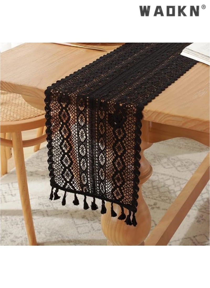 Boho Crochet Table Runner,24*180CM Black Vintage Farmhouse Macrame Table Runner for Coffee Dining Table Kitchen Decor