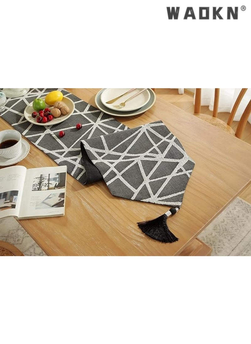 Table Runner, Boho Table Runners 72 inches Long, Long Modern AB Side Table Runner Linen Black and Mineral Gray Runner with Tassels, Modern Holiday Coffee Table Runner Farmhouse Style for Dining Room