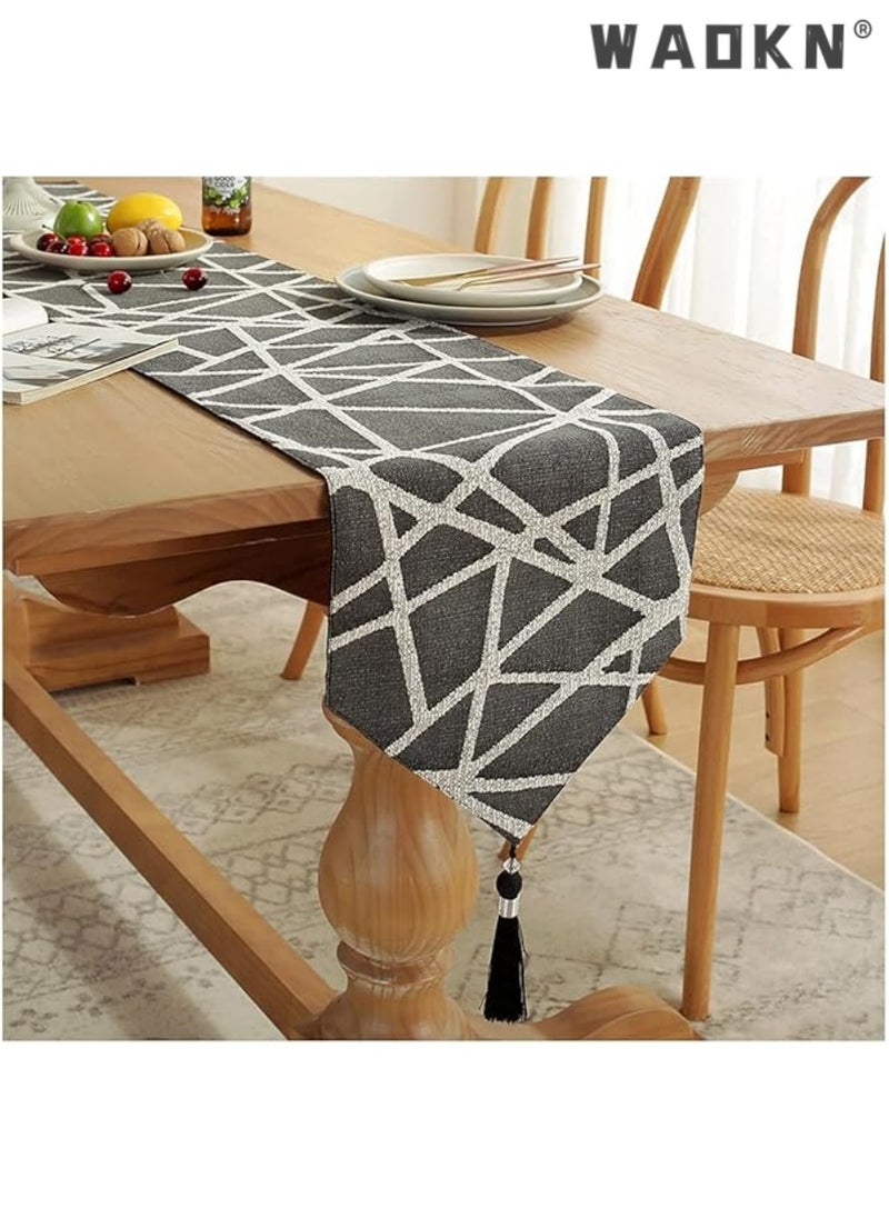 Table Runner, Boho Table Runners 72 inches Long, Long Modern AB Side Table Runner Linen Black and Mineral Gray Runner with Tassels, Modern Holiday Coffee Table Runner Farmhouse Style for Dining Room