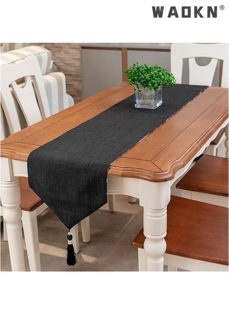 Table Runner, Boho Table Runners 72 inches Long, Long Modern AB Side Table Runner Linen Black and Mineral Gray Runner with Tassels, Modern Holiday Coffee Table Runner Farmhouse Style for Dining Room