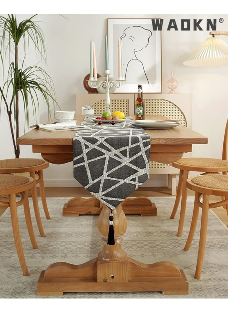 Table Runner, Boho Table Runners 72 inches Long, Long Modern AB Side Table Runner Linen Black and Mineral Gray Runner with Tassels, Modern Holiday Coffee Table Runner Farmhouse Style for Dining Room