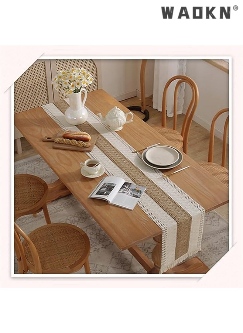 Table Runner, 30 * 180 CM Burlap Table Runner for Modern Farmhouse Decor, Natural Cotton Woven Runner with Tassels for Wedding Party Farmhouse Dining Table Decor