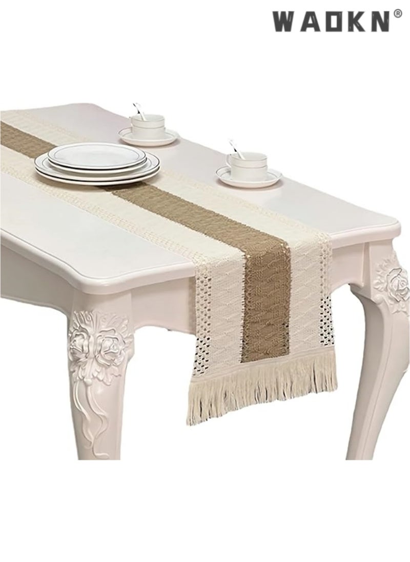 Table Runner, 30 * 180 CM Burlap Table Runner for Modern Farmhouse Decor, Natural Cotton Woven Runner with Tassels for Wedding Party Farmhouse Dining Table Decor
