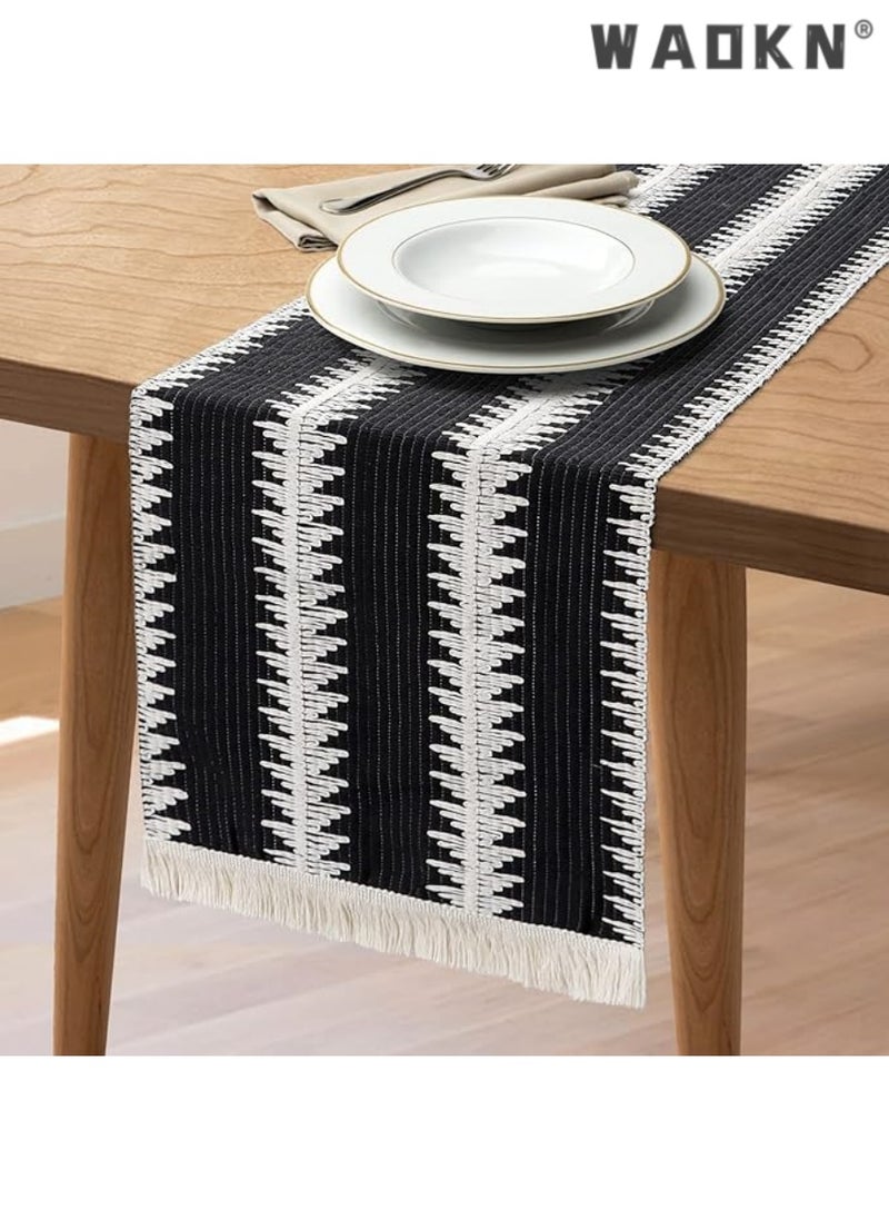 Table Runner, 30 * 180 CM Burlap Table Runner Balck and White for Modern Farmhouse Decor, Natural Cotton Woven Runner with Tassels for Wedding Party Farmhouse Dining Table Decor