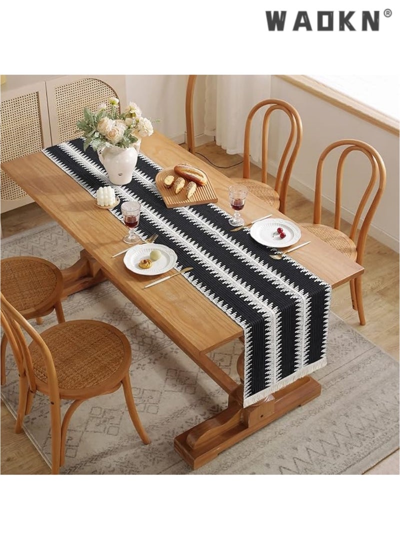 Table Runner, 30 * 180 CM Burlap Table Runner Balck and White for Modern Farmhouse Decor, Natural Cotton Woven Runner with Tassels for Wedding Party Farmhouse Dining Table Decor