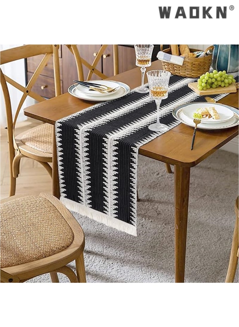 Table Runner, 30 * 180 CM Burlap Table Runner Balck and White for Modern Farmhouse Decor, Natural Cotton Woven Runner with Tassels for Wedding Party Farmhouse Dining Table Decor