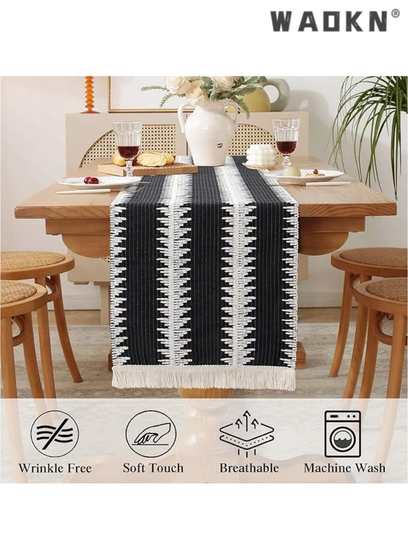 Table Runner, 30 * 180 CM Burlap Table Runner Balck and White for Modern Farmhouse Decor, Natural Cotton Woven Runner with Tassels for Wedding Party Farmhouse Dining Table Decor