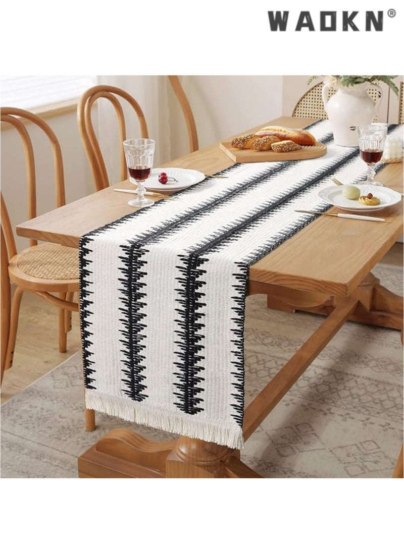Table Runner, 30 * 180 CM Burlap Table Runner Balck and White for Modern Farmhouse Decor, Natural Cotton Woven Runner with Tassels for Wedding Party Farmhouse Dining Table Decor