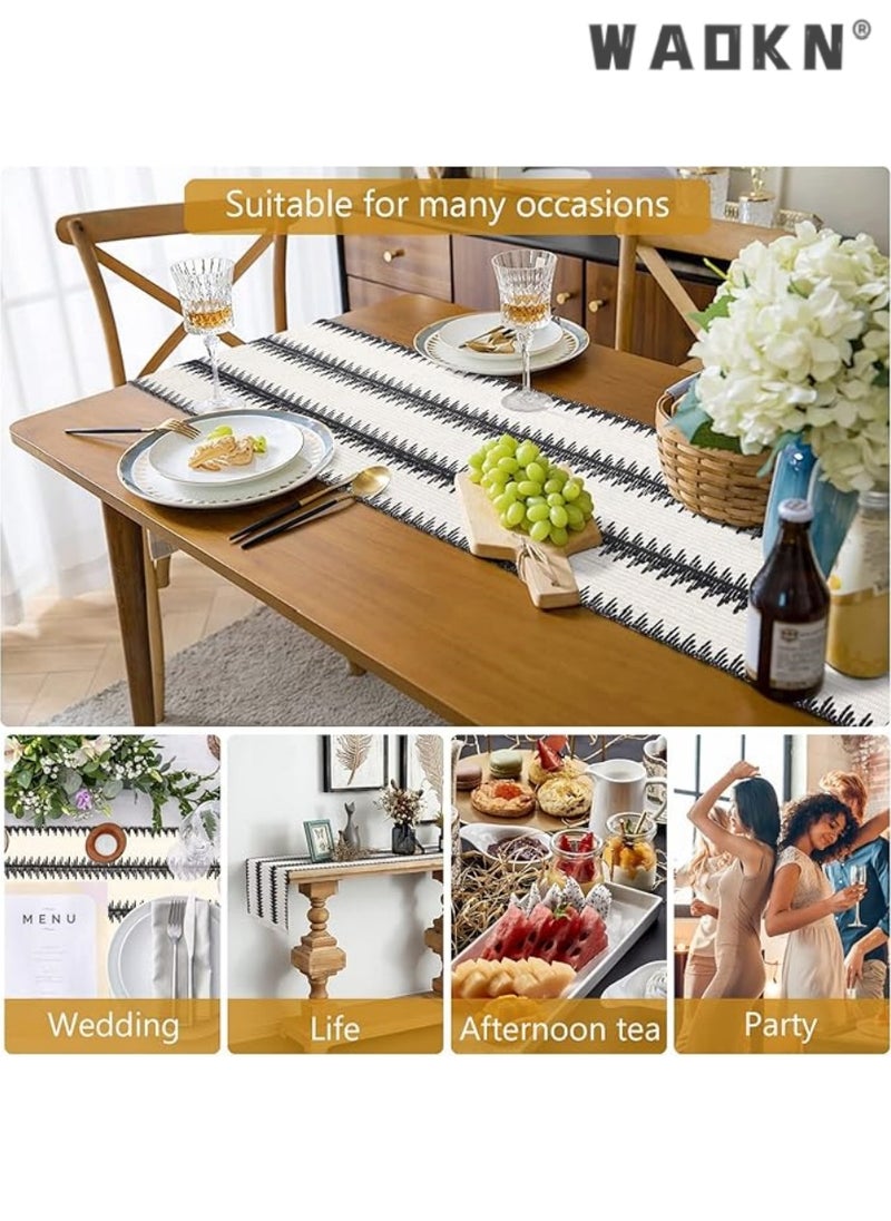 Table Runner, 30 * 180 CM Burlap Table Runner Balck and White for Modern Farmhouse Decor, Natural Cotton Woven Runner with Tassels for Wedding Party Farmhouse Dining Table Decor