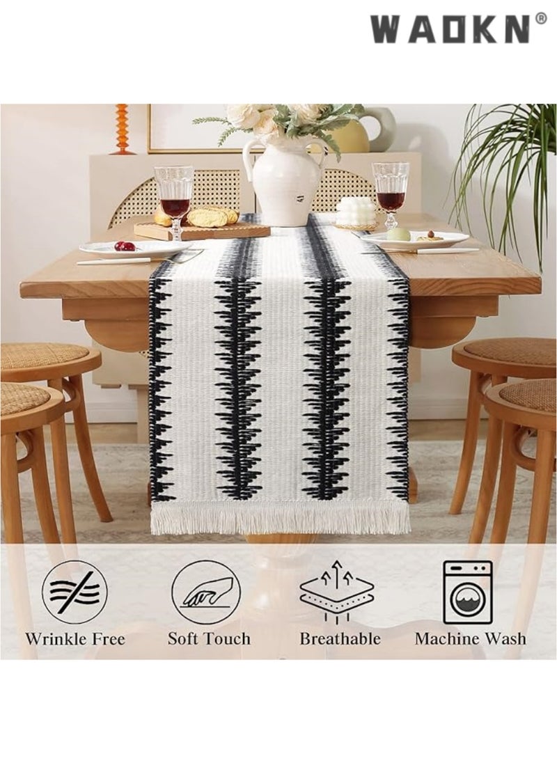 Table Runner, 30 * 180 CM Burlap Table Runner Balck and White for Modern Farmhouse Decor, Natural Cotton Woven Runner with Tassels for Wedding Party Farmhouse Dining Table Decor