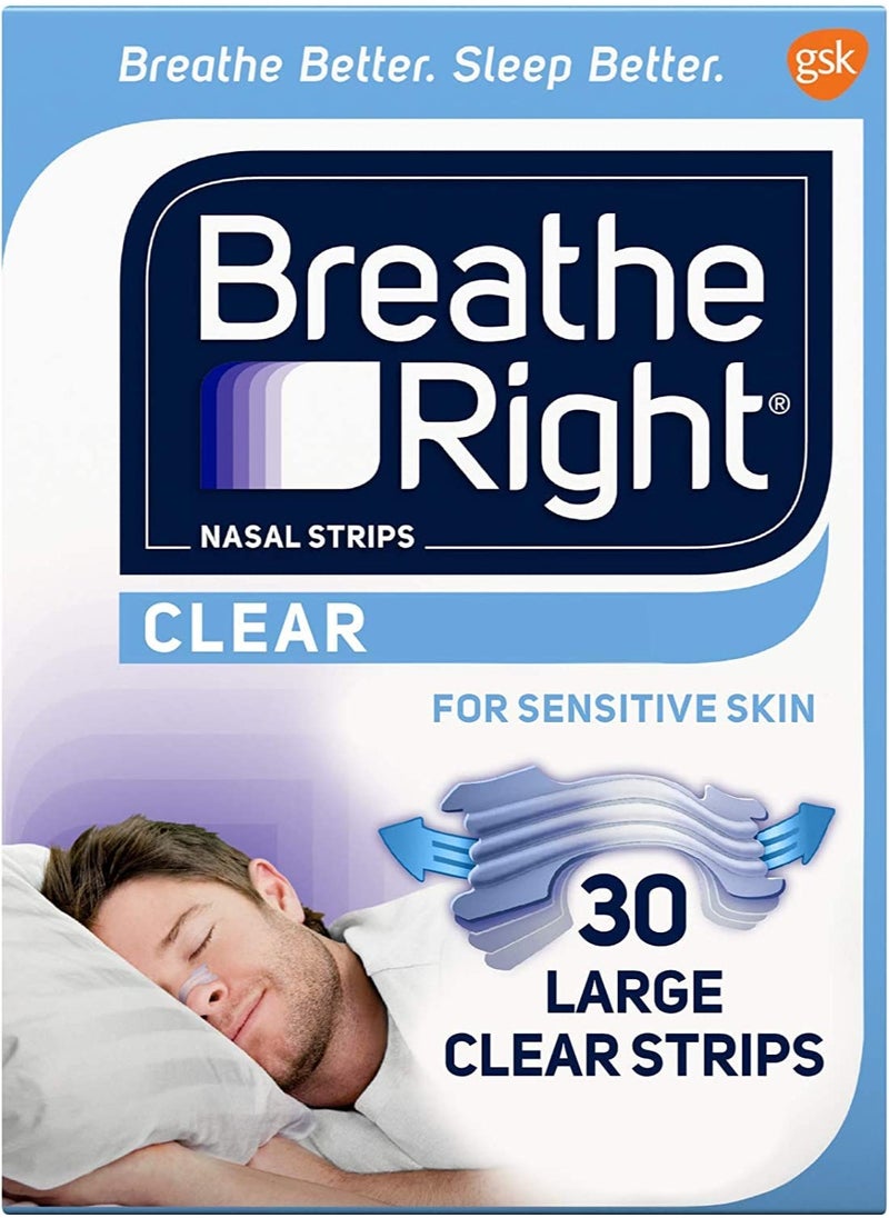 Breathe Right Nasal Strips for Sensitive Skin, Large, Clear, 30 Strips