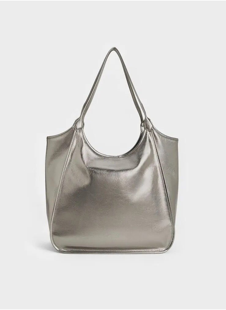 Charles & Keith Siana Metallic Crinkle Effect Slouchy Tote Bag