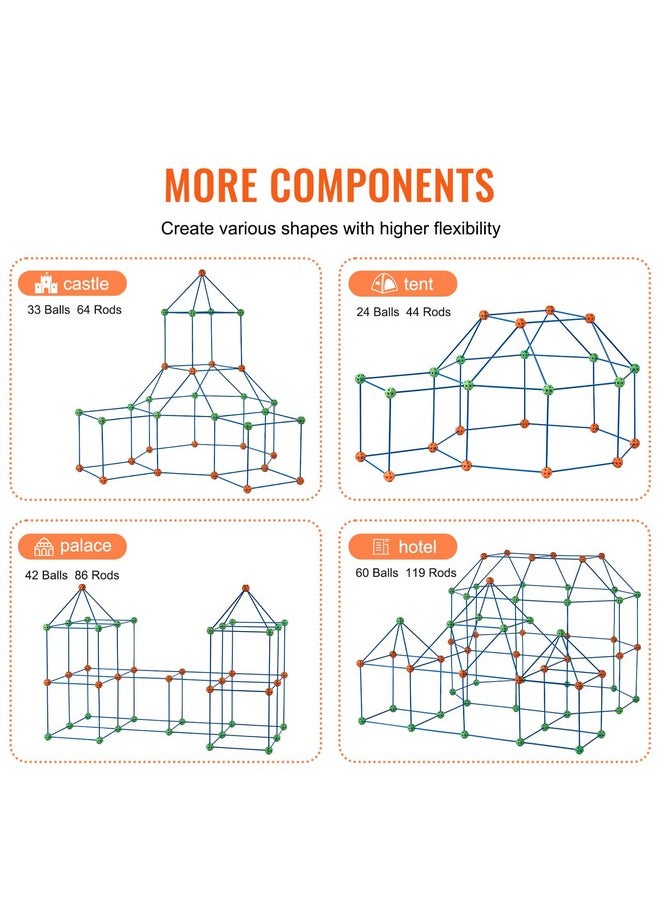 Fort Building Kit For Kids, 180Pcs Stem Building Toys, Educational Gift For 4 5 6 7 8+ Year Old Boys & Girls, Indoor Outdoor Play Tent Builder Set Construction Toys With 120 Rods And 60 Balls