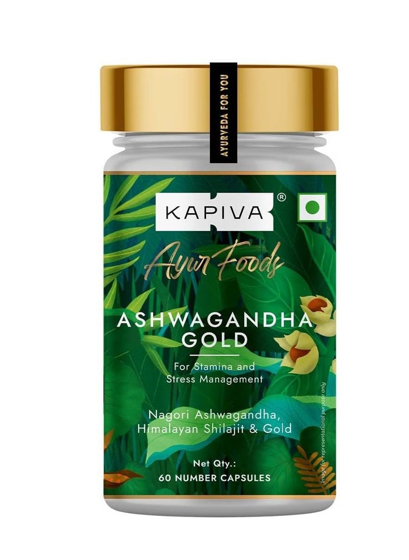 Kapiva Ashwagandha Gold 60 Capsules |183rd day Nagori Ashwagandha | 3X Potent | Helps in Stress & Sleep Management, Reduces Cortisol | For Men & Women | 100% Ayurvedic