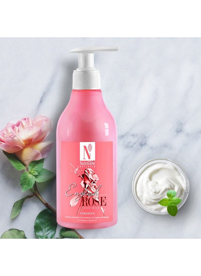 Natural'S English Rose Body Milk For Intensive Nourishment, 8 Hour Moisture Lock & Repairs Skin Damage, No Parabens & Mineral Water, 300 Ml