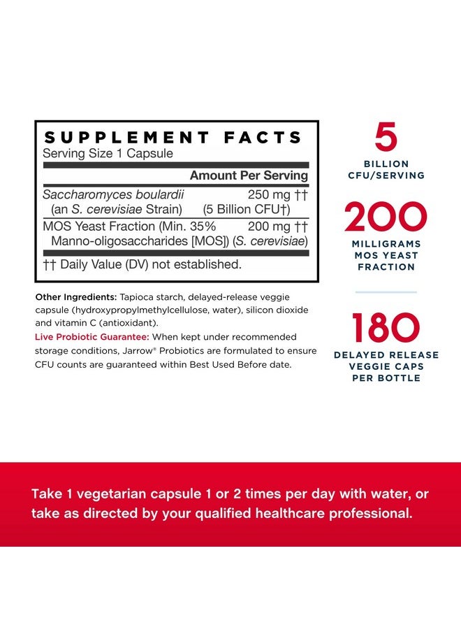 Jarrow Formulas Saccharomyces Boulardii + MOS - 5 Billion Viable Organisms Per Serving - 180 Delayed Release Veggie Caps, 2 Pack - Probiotic + Prebiotic - Intestinal Tract Support - Up to 360 Servings