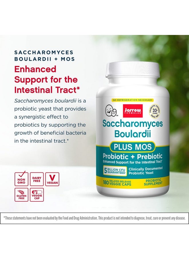 Jarrow Formulas Saccharomyces Boulardii + MOS - 5 Billion Viable Organisms Per Serving - 180 Delayed Release Veggie Caps, 2 Pack - Probiotic + Prebiotic - Intestinal Tract Support - Up to 360 Servings