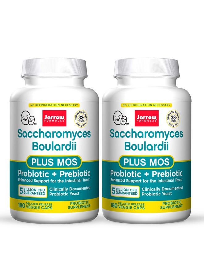 Jarrow Formulas Saccharomyces Boulardii + MOS - 5 Billion Viable Organisms Per Serving - 180 Delayed Release Veggie Caps, 2 Pack - Probiotic + Prebiotic - Intestinal Tract Support - Up to 360 Servings