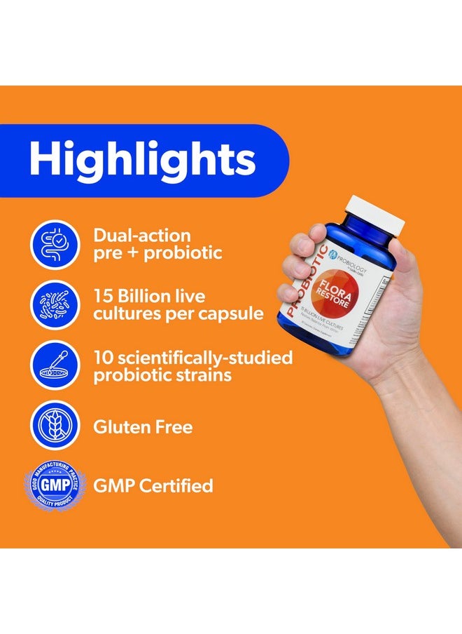 Belle + Bella Flora Restore Daily Probiotic - 15 Billion Live Cultures - Probiotics & Prebiotics for Digestive & Gut Health - Immune Support - Promotes Regularity - Vegan & Gluten Free - 60 Caps