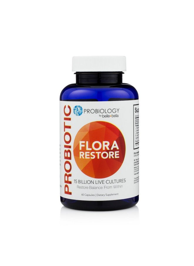 Belle + Bella Flora Restore Daily Probiotic - 15 Billion Live Cultures - Probiotics & Prebiotics for Digestive & Gut Health - Immune Support - Promotes Regularity - Vegan & Gluten Free - 60 Caps