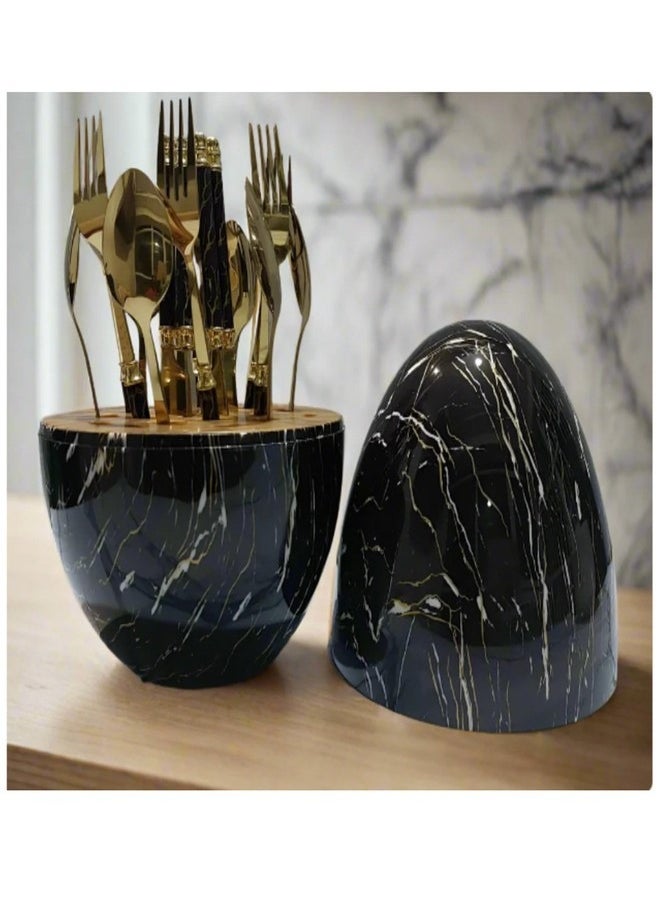 Elegant Egg Style Black Marble Cutlery Holder with Gold-Plated Spoon Set – 24 Pcs