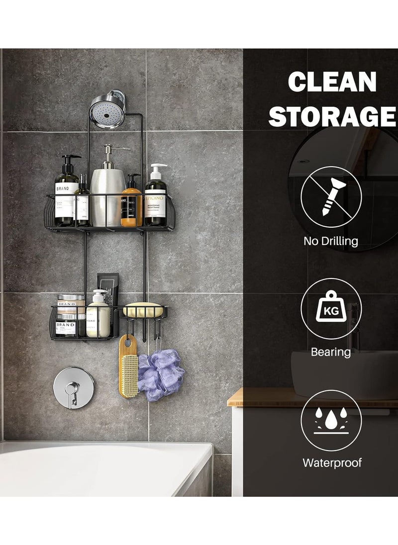 Shower Caddy Hanging, Anti-Swing Over Head Shower Caddy Rustproof with Hooks for Towels, Sponge and More, Matte Black