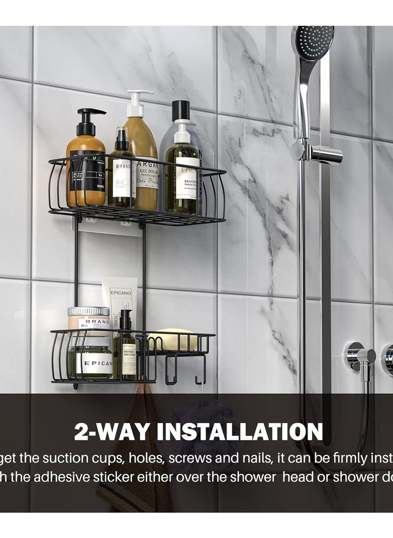 Shower Caddy Hanging, Anti-Swing Over Head Shower Caddy Rustproof with Hooks for Towels, Sponge and More, Matte Black