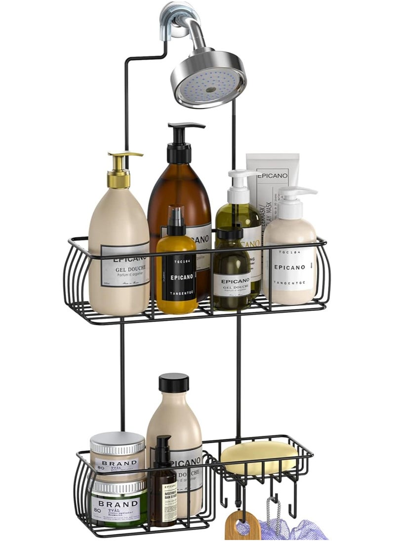 Shower Caddy Hanging, Anti-Swing Over Head Shower Caddy Rustproof with Hooks for Towels, Sponge and More, Matte Black