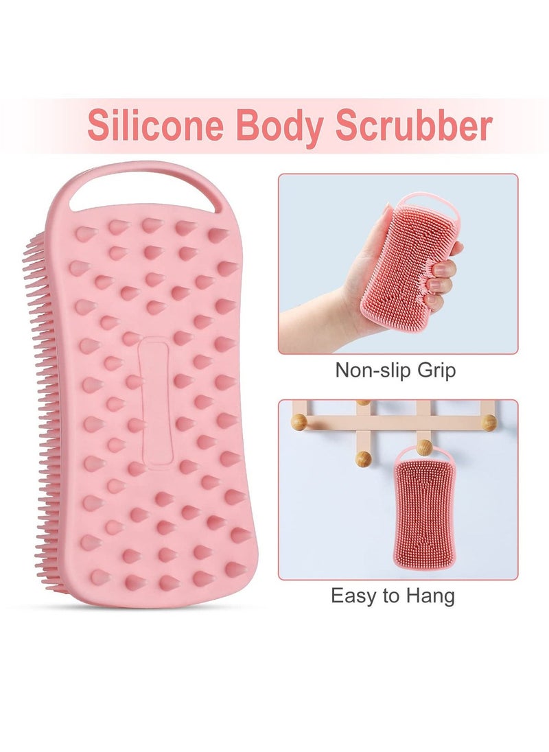 Silicone Body Scrubber, 2 Pcs Exfoliating Body Scrubber, Soft Silicone Loofah, 2 in 1 Bath and Shampoo Brush, Cleaning Exfoliating Skin for Sensitive and All Kinds of Skin (Pink + Black)