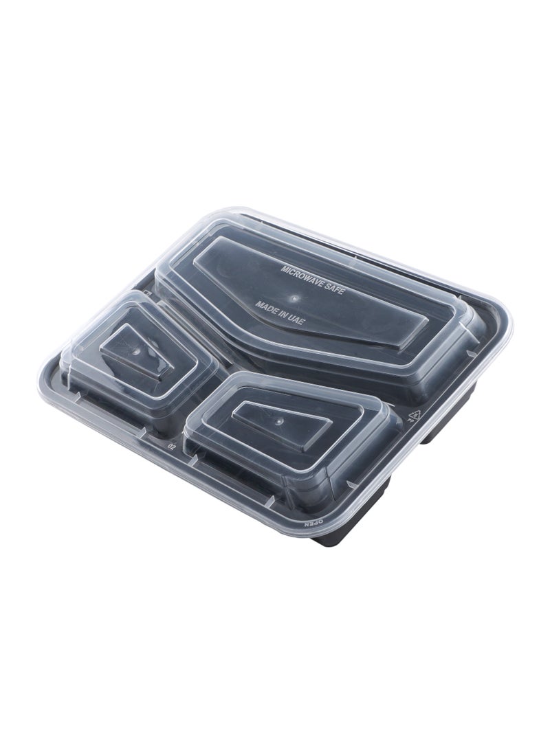 Disposable Bento Meal Prep Containers, 3-Compartment Black Rectangular Base with Clear Lids, 50-Pack – Microwave & Freezer Safe, Perfect for Portion Control and Food Storage