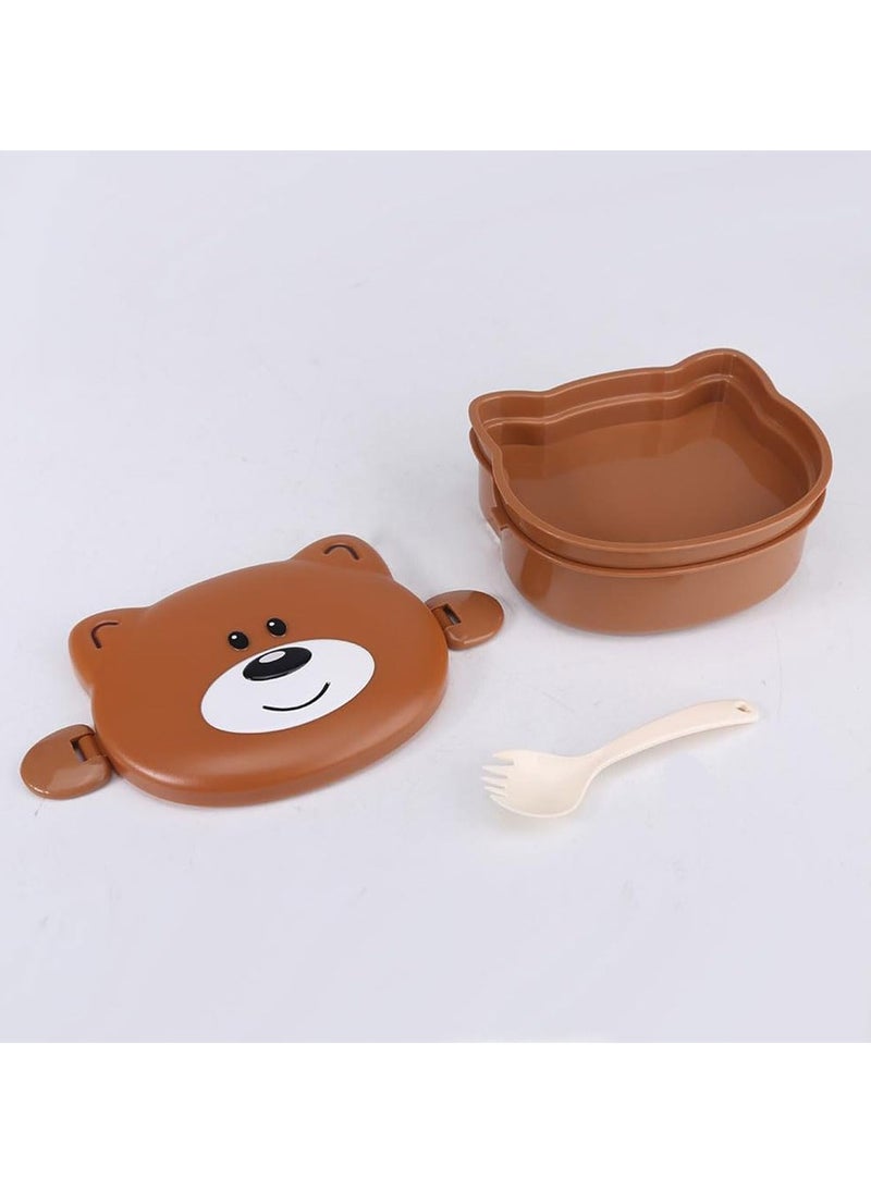 Twisoo Bear Design Bento Lunch Box for Kids, 500ml, Leakproof & Spillproof, BPA-Free Food Grade PP with Clip Lock, 2 Compartments, Includes Spoon, (Brown)