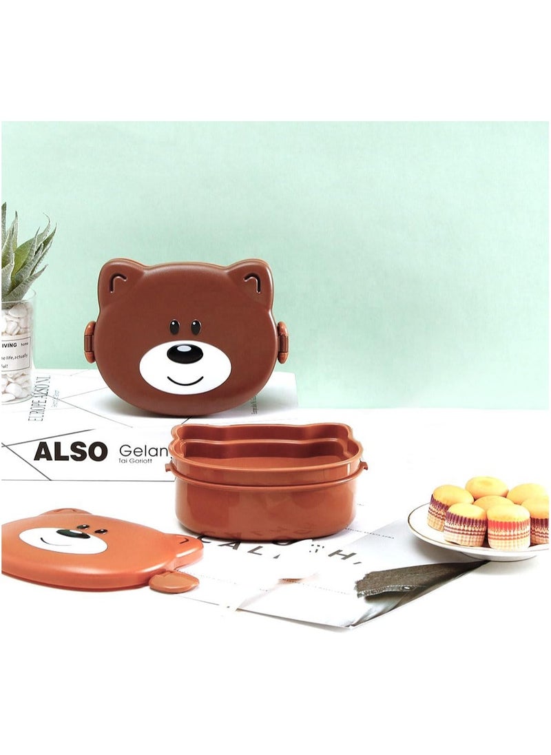 Twisoo Bear Design Bento Lunch Box for Kids, 500ml, Leakproof & Spillproof, BPA-Free Food Grade PP with Clip Lock, 2 Compartments, Includes Spoon, (Brown)