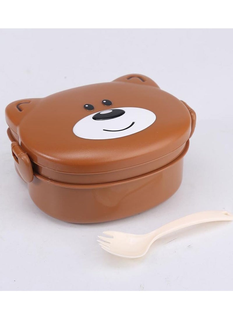 Twisoo Bear Design Bento Lunch Box for Kids, 500ml, Leakproof & Spillproof, BPA-Free Food Grade PP with Clip Lock, 2 Compartments, Includes Spoon, (Brown)