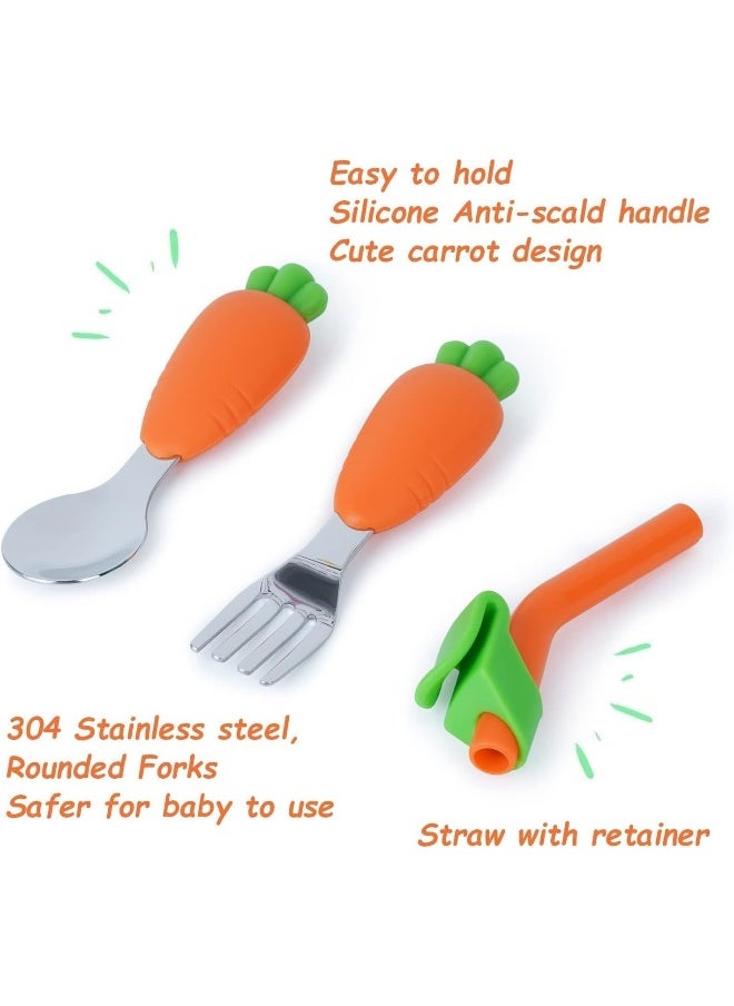 4Pcs/Set Toddler Plates Utensils Set for Baby, Silicone Plates Stay Put with Suction Feature, Baby Dishes Flatware Set Toddler Forks and Spoons Divided Design, Dishwasher Microwave Safe