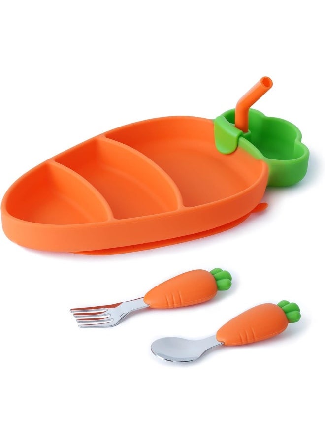 4Pcs/Set Toddler Plates Utensils Set for Baby, Silicone Plates Stay Put with Suction Feature, Baby Dishes Flatware Set Toddler Forks and Spoons Divided Design, Dishwasher Microwave Safe