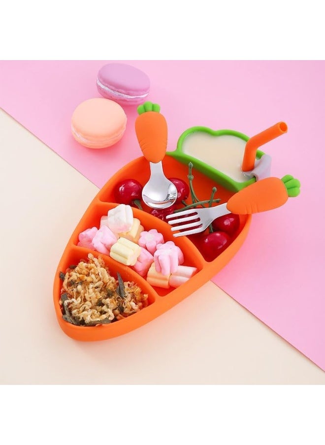 4Pcs/Set Toddler Plates Utensils Set for Baby, Silicone Plates Stay Put with Suction Feature, Baby Dishes Flatware Set Toddler Forks and Spoons Divided Design, Dishwasher Microwave Safe