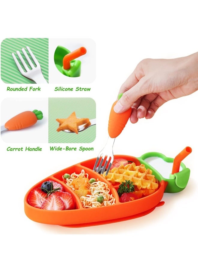 4Pcs/Set Toddler Plates Utensils Set for Baby, Silicone Plates Stay Put with Suction Feature, Baby Dishes Flatware Set Toddler Forks and Spoons Divided Design, Dishwasher Microwave Safe