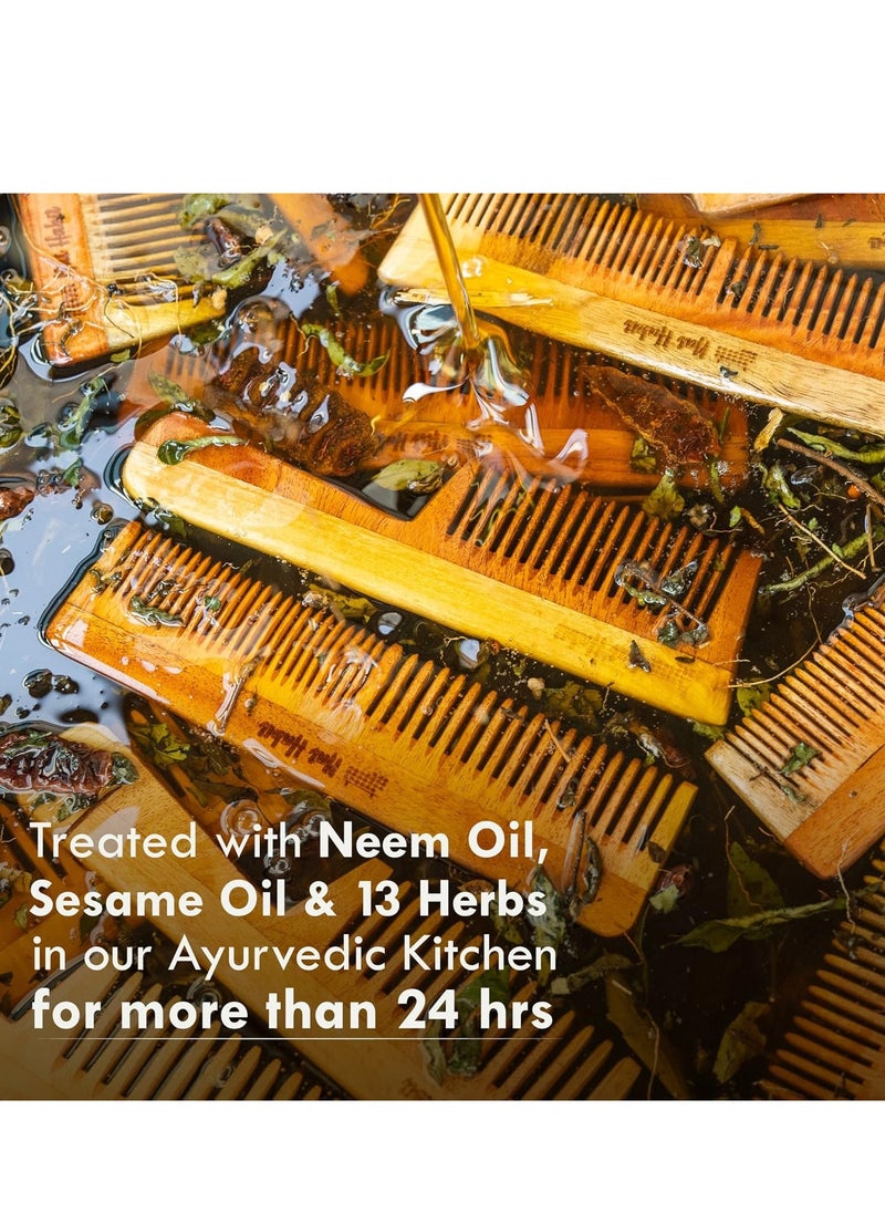 Nat Habit - Kacchi Neem Wooden Comb - Soaked In 17 Herbs, Neem & Sesame Oil For Multi-Actions - Detangling, Frizz Control & Shine (Dual Tooth, Fine Tooth & Wide Tooth) Combo Pack of 3