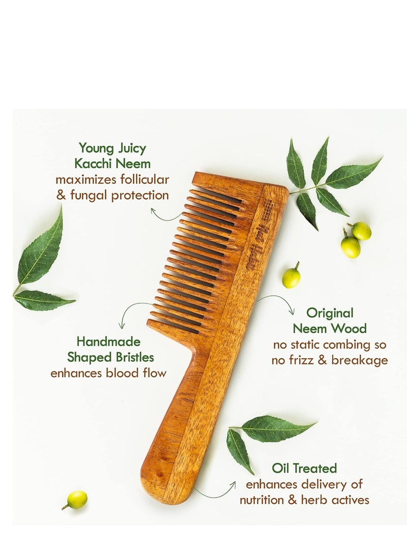 Nat Habit - Kacchi Neem Wooden Comb - Soaked In 17 Herbs, Neem & Sesame Oil For Multi-Actions - Detangling, Frizz Control & Shine (Dual Tooth, Fine Tooth & Wide Tooth) Combo Pack of 3