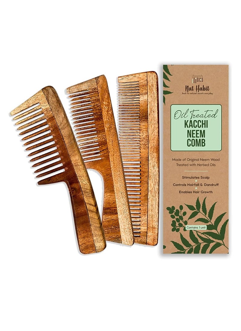 Nat Habit - Kacchi Neem Wooden Comb - Soaked In 17 Herbs, Neem & Sesame Oil For Multi-Actions - Detangling, Frizz Control & Shine (Dual Tooth, Fine Tooth & Wide Tooth) Combo Pack of 3