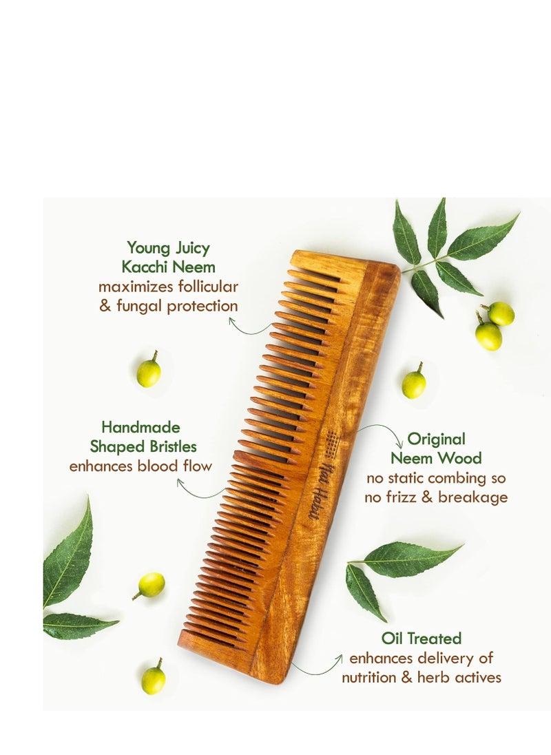 Nat Habit - Kacchi Neem Wooden Comb - Soaked In 17 Herbs, Neem & Sesame Oil For Multi-Actions - Detangling, Frizz Control & Shine (Dual Tooth, Fine Tooth & Wide Tooth) Combo Pack of 3