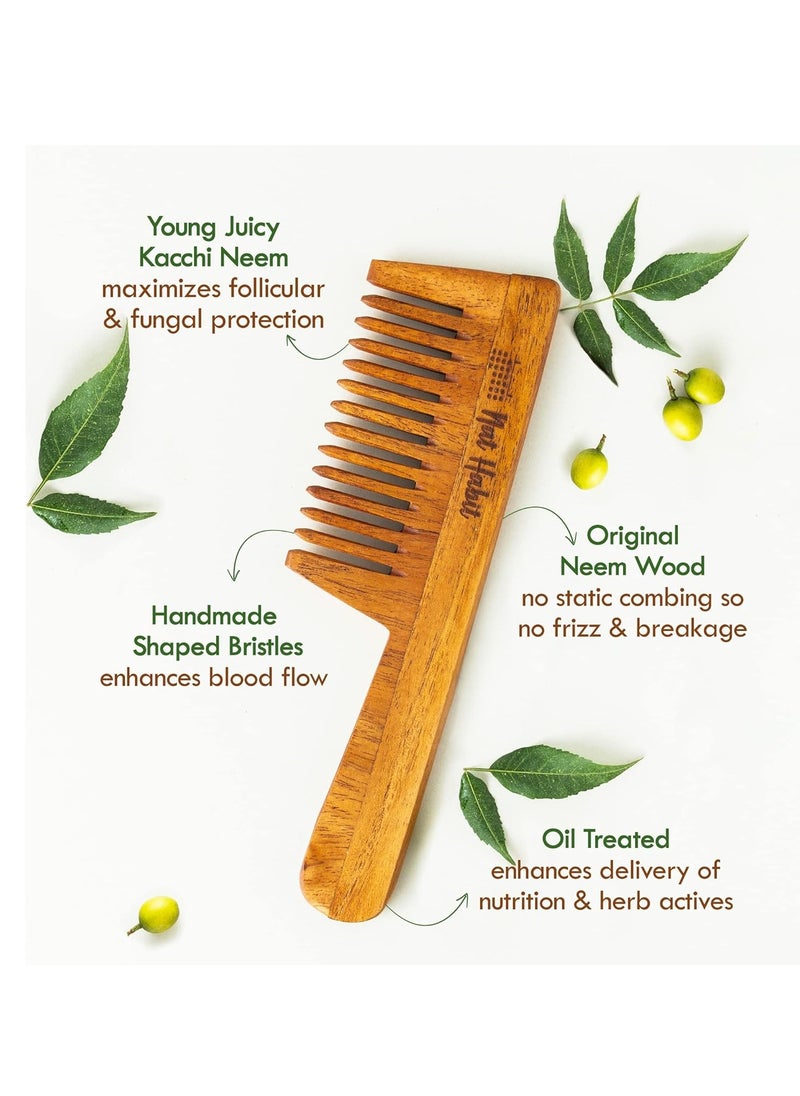 Nat Habit - Kacchi Neem Wooden Comb - Soaked In 17 Herbs, Neem & Sesame Oil For Multi-Actions - Detangling, Frizz Control & Shine (Dual Tooth, Fine Tooth & Wide Tooth) Combo Pack of 3